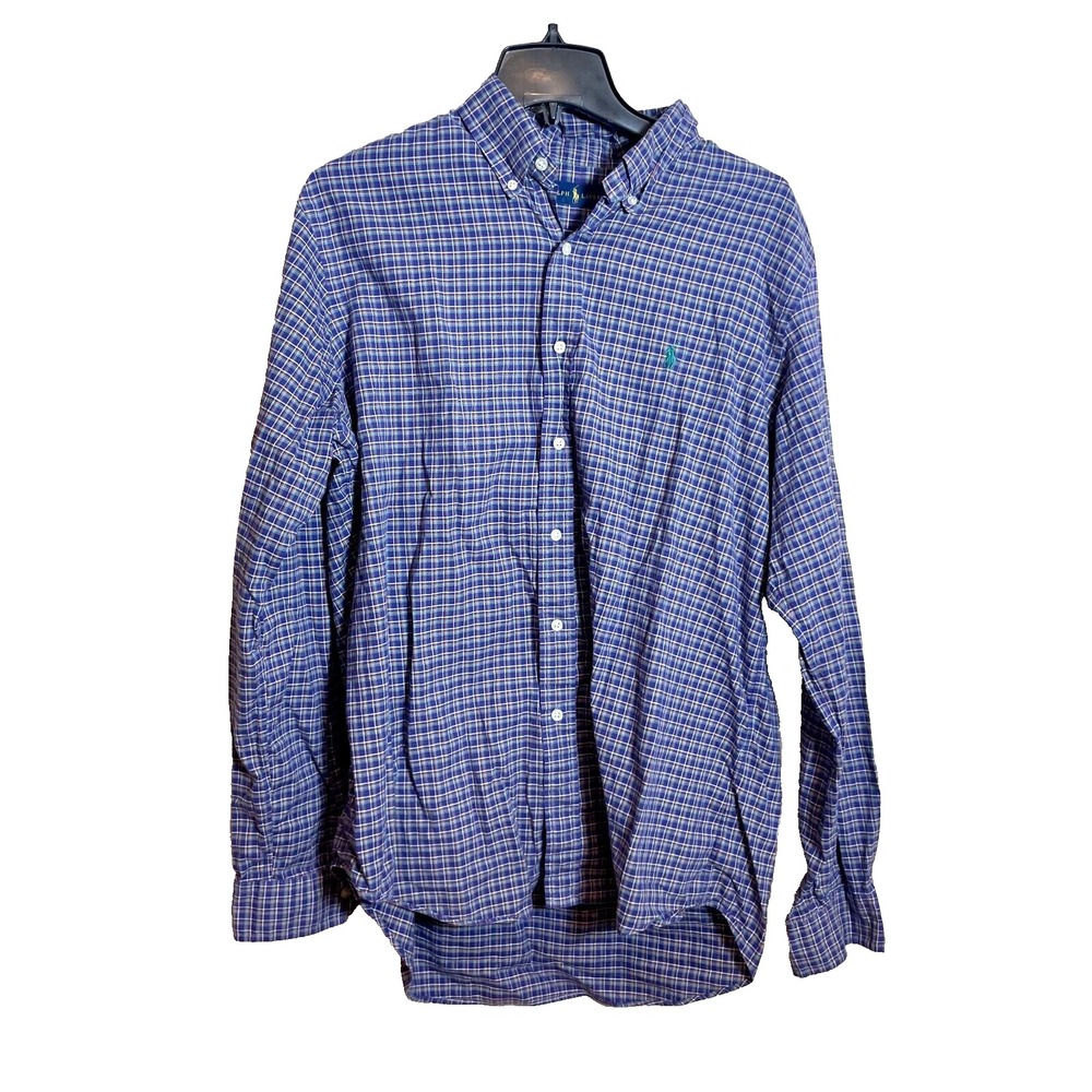 Ralph Lauren Button Down Shirt Mens‎ Large Purple Plaid Long Sleeve Flannel Logo